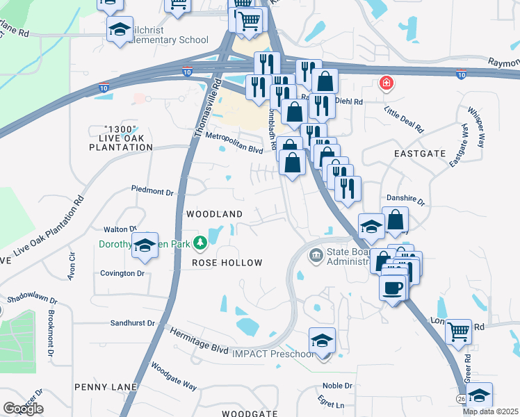map of restaurants, bars, coffee shops, grocery stores, and more near 1673 Springwood Drive in Tallahassee