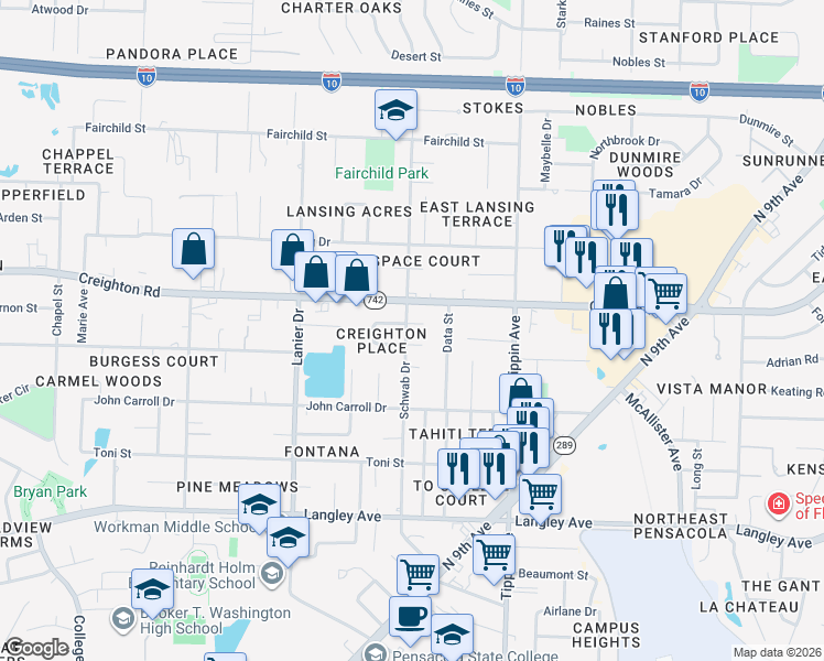 map of restaurants, bars, coffee shops, grocery stores, and more near 2085 Creighton Road in Pensacola