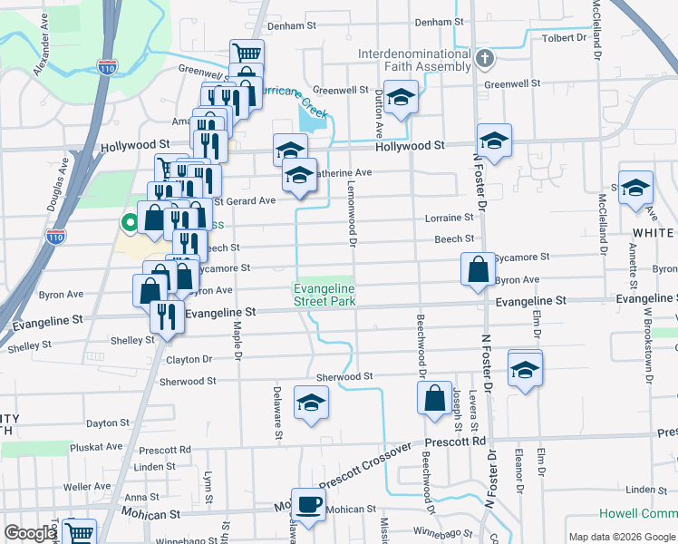 map of restaurants, bars, coffee shops, grocery stores, and more near 4235 Sycamore Street in Baton Rouge