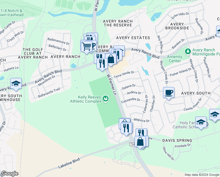 map of restaurants, bars, coffee shops, grocery stores, and more near 10109 West Parmer Lane in Austin