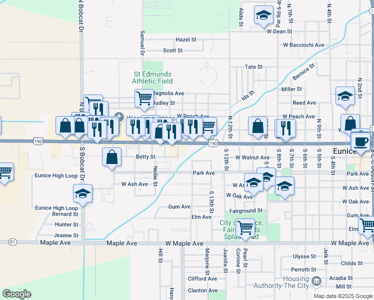 map of restaurants, bars, coffee shops, grocery stores, and more near 1500-1598 W Laurel Ave in Eunice