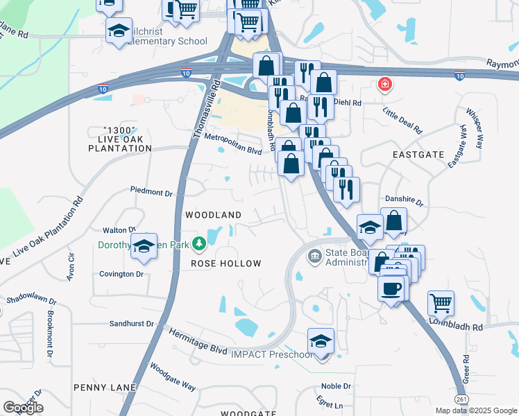 map of restaurants, bars, coffee shops, grocery stores, and more near 1673 Springwood Drive in Tallahassee