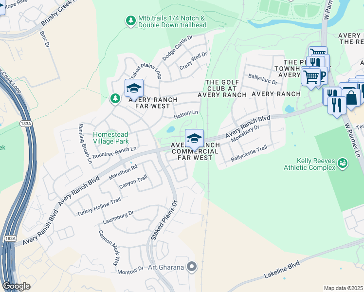 map of restaurants, bars, coffee shops, grocery stores, and more near 14100 Avery Ranch Boulevard in Austin