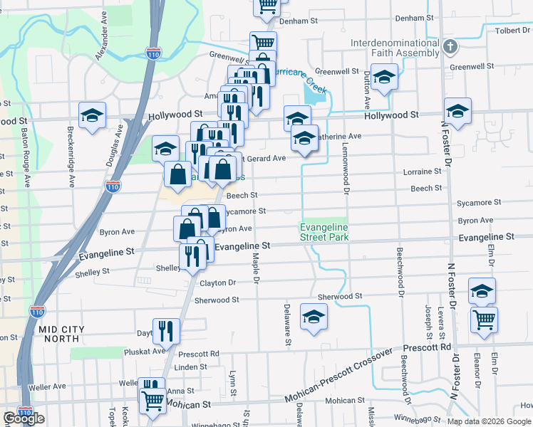 map of restaurants, bars, coffee shops, grocery stores, and more near 3727 Sycamore Street in Baton Rouge