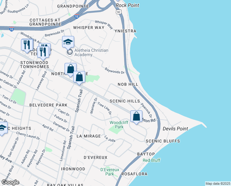 map of restaurants, bars, coffee shops, grocery stores, and more near 4650 Christy Drive in Pensacola