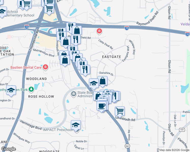 map of restaurants, bars, coffee shops, grocery stores, and more near 2635 Byron Circle in Tallahassee