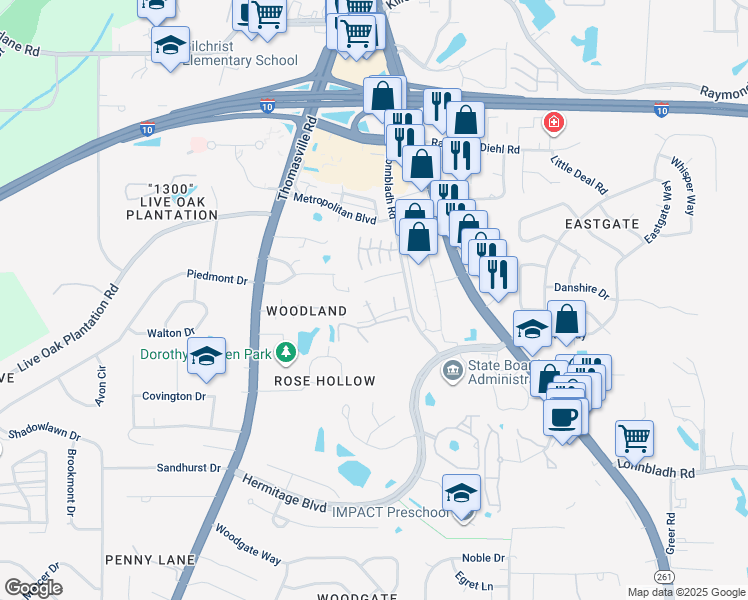 map of restaurants, bars, coffee shops, grocery stores, and more near 1673 Springwood Drive in Tallahassee