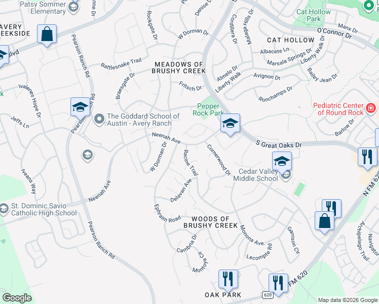 map of restaurants, bars, coffee shops, grocery stores, and more near 15907 Neenah Cove in Austin