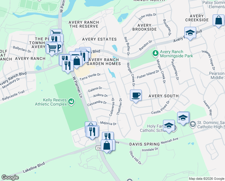 map of restaurants, bars, coffee shops, grocery stores, and more near 15104 Calaveras Drive in Austin
