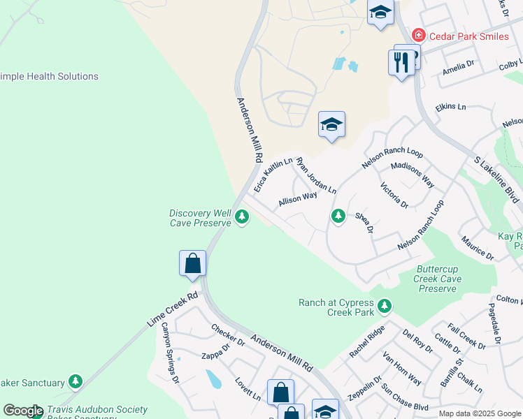 map of restaurants, bars, coffee shops, grocery stores, and more near 210 Gaspar Bend in Cedar Park