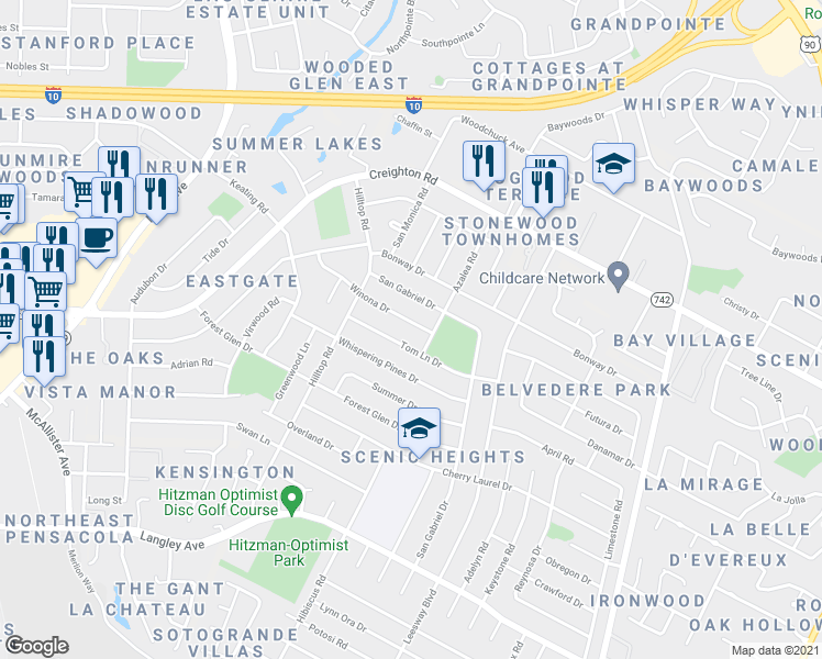 map of restaurants, bars, coffee shops, grocery stores, and more near 3875 Winona Drive in Pensacola