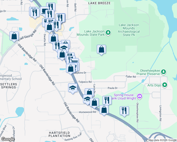 map of restaurants, bars, coffee shops, grocery stores, and more near 3531 Cangrove Road in Tallahassee