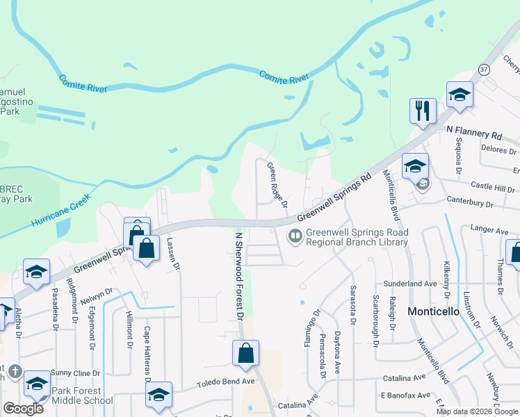 map of restaurants, bars, coffee shops, grocery stores, and more near 4728 West Greenridge Drive in Baton Rouge
