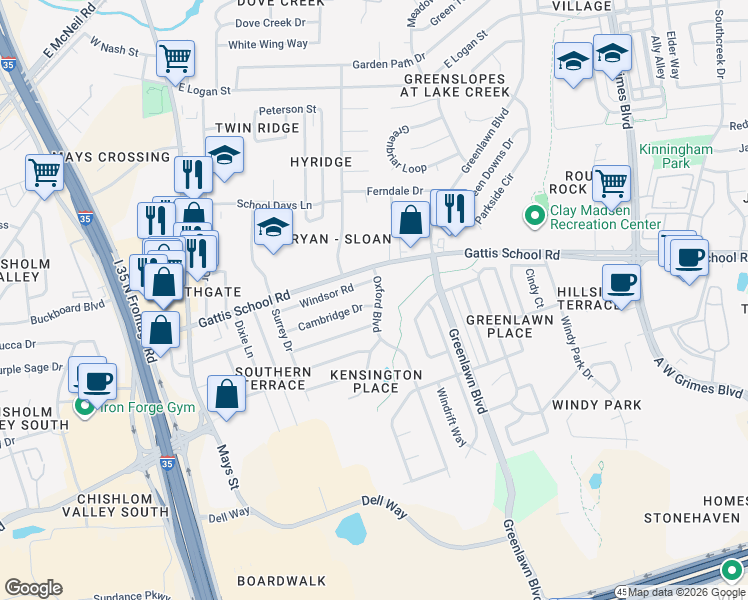 map of restaurants, bars, coffee shops, grocery stores, and more near 807 Windsor Road in Round Rock