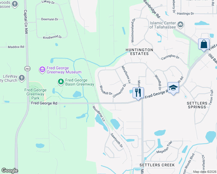 map of restaurants, bars, coffee shops, grocery stores, and more near 3121 Pleasant Court in Tallahassee
