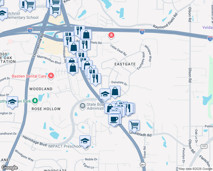 map of restaurants, bars, coffee shops, grocery stores, and more near 2635 Byron Circle in Tallahassee