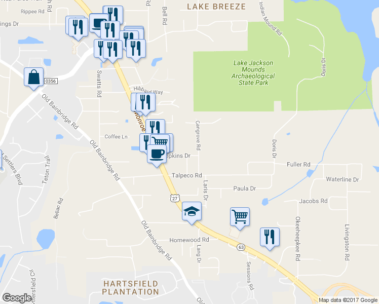 map of restaurants, bars, coffee shops, grocery stores, and more near 1854 Hopkins Drive in Tallahassee