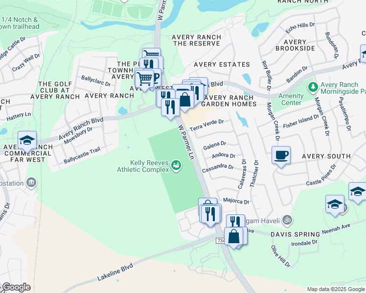 map of restaurants, bars, coffee shops, grocery stores, and more near 10131 West Parmer Lane in Austin