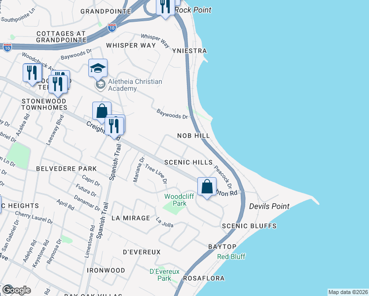 map of restaurants, bars, coffee shops, grocery stores, and more near 4685 Peacock Drive in Pensacola