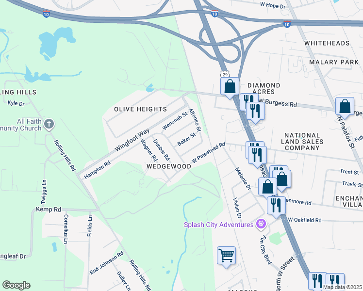 map of restaurants, bars, coffee shops, grocery stores, and more near 713 Baker Street in Pensacola