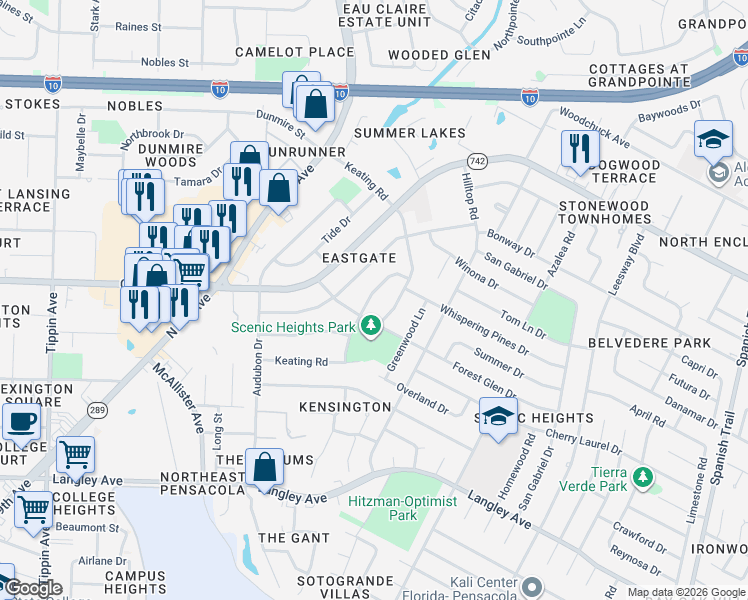 map of restaurants, bars, coffee shops, grocery stores, and more near 6125 Virwood Road in Pensacola