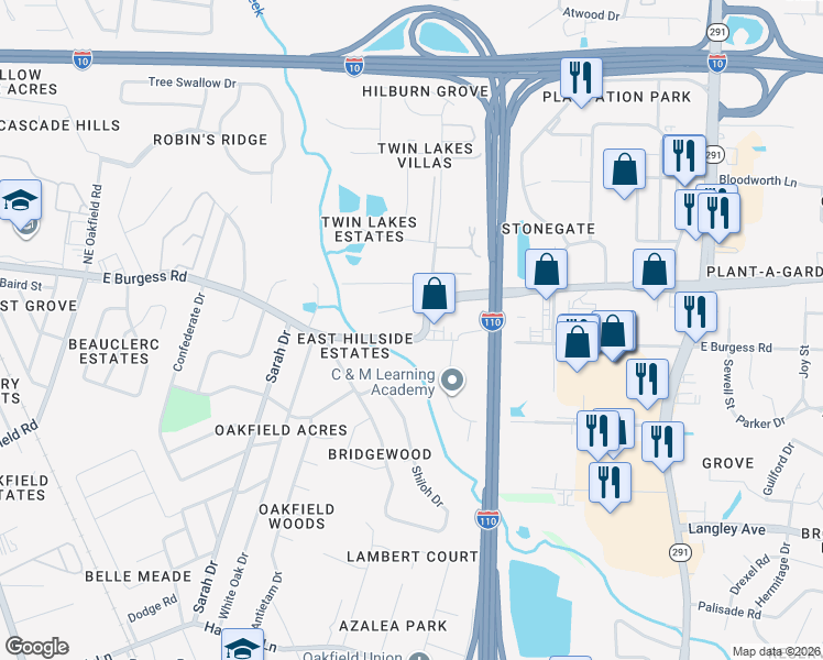 map of restaurants, bars, coffee shops, grocery stores, and more near 456 East Burgess Road in Pensacola