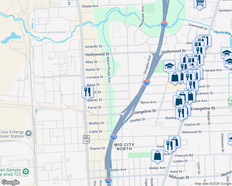 map of restaurants, bars, coffee shops, grocery stores, and more near 2527 Beech Street in Baton Rouge