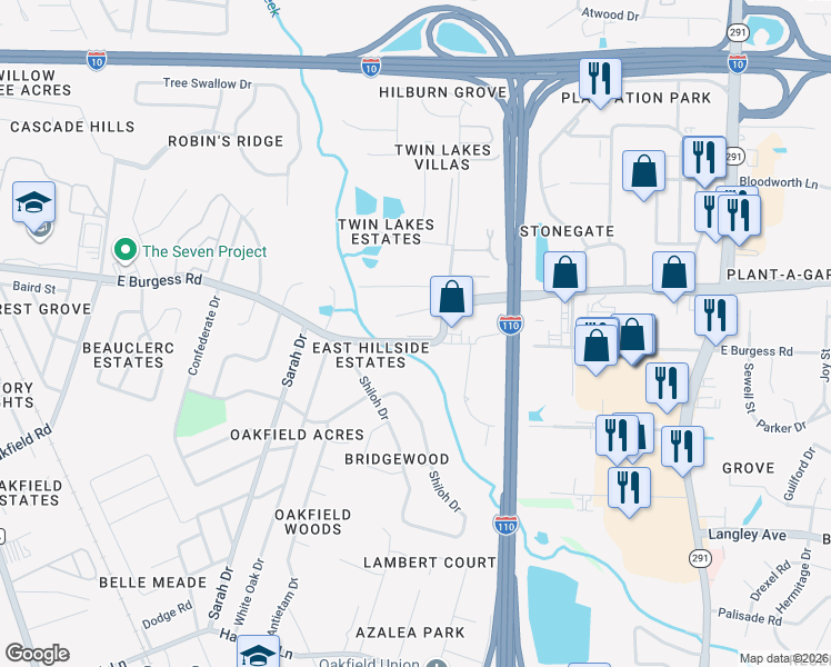 map of restaurants, bars, coffee shops, grocery stores, and more near 436 East Burgess Road in Pensacola