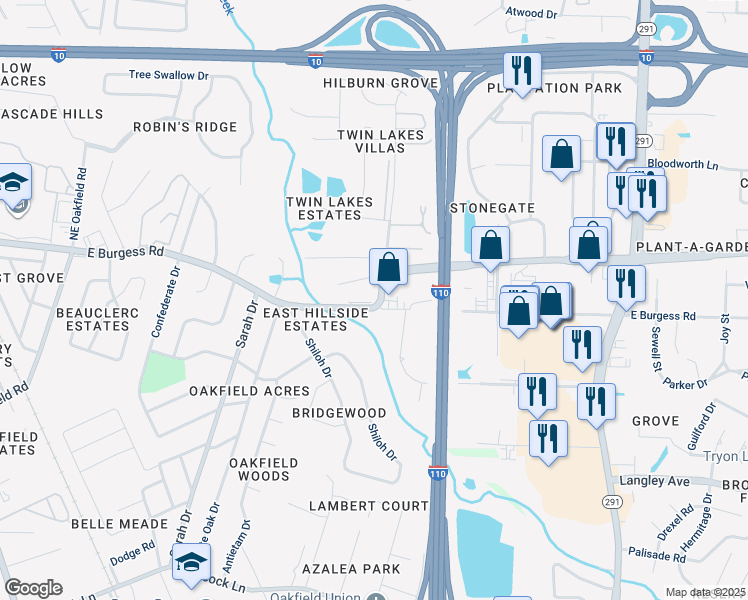 map of restaurants, bars, coffee shops, grocery stores, and more near 464 East Burgess Road in Pensacola