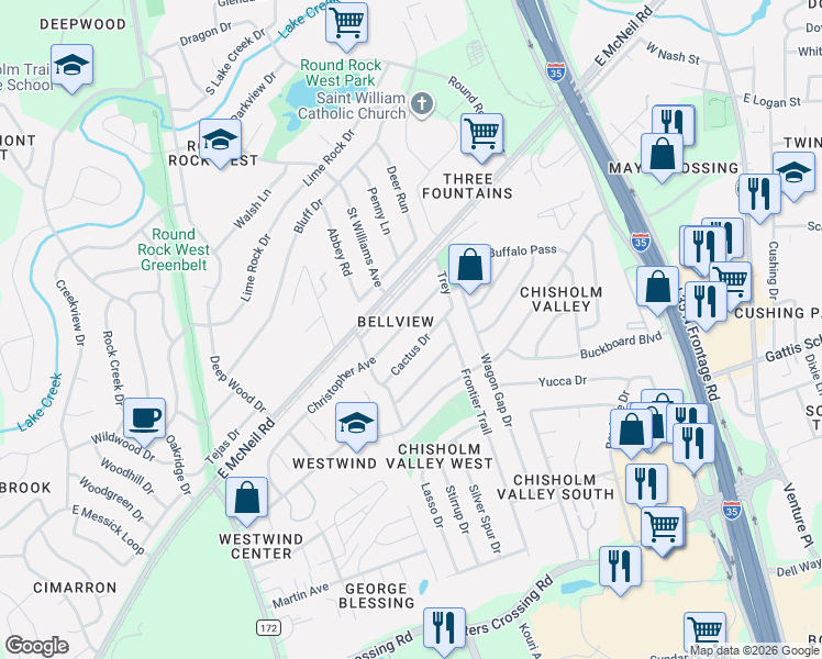 map of restaurants, bars, coffee shops, grocery stores, and more near 901 Christopher Avenue in Round Rock