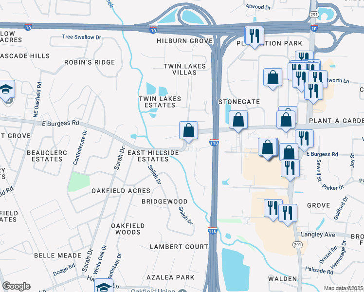 map of restaurants, bars, coffee shops, grocery stores, and more near 464 East Burgess Road in Pensacola