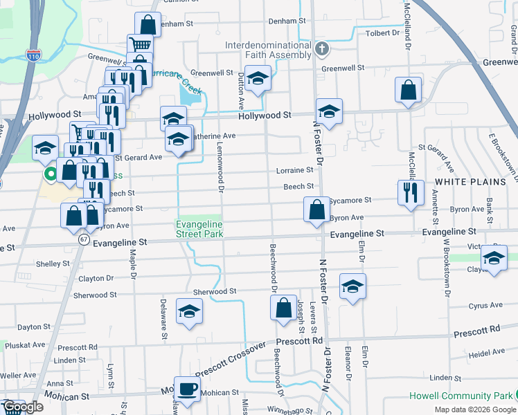 map of restaurants, bars, coffee shops, grocery stores, and more near 4545 Sycamore Street in Baton Rouge