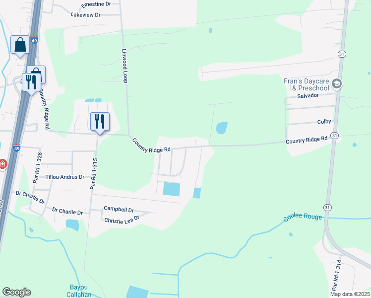 map of restaurants, bars, coffee shops, grocery stores, and more near Country Ridge Rd in Opelousas