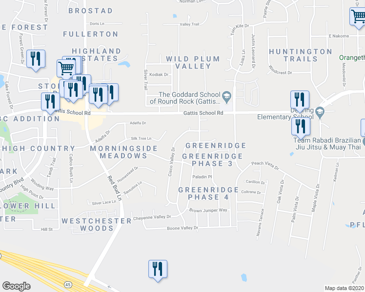 map of restaurants, bars, coffee shops, grocery stores, and more near 19820 San Chisolm Drive in Round Rock
