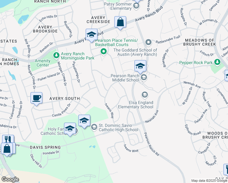 map of restaurants, bars, coffee shops, grocery stores, and more near 9405 Kyles Stake Road in Austin