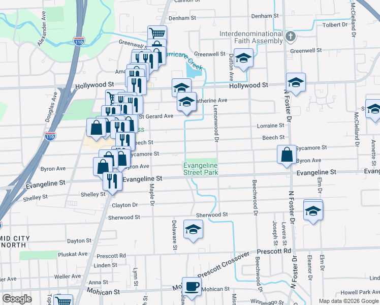 map of restaurants, bars, coffee shops, grocery stores, and more near 4033 Sycamore Street in Baton Rouge