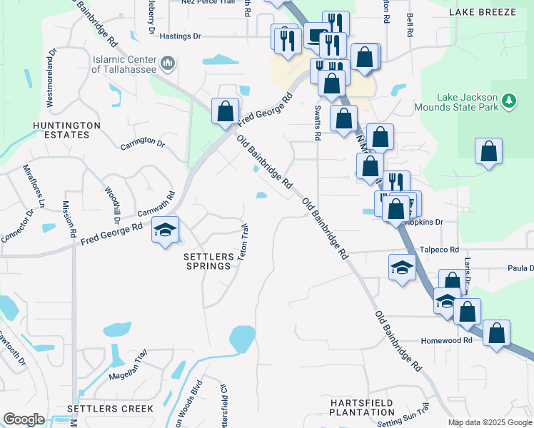 map of restaurants, bars, coffee shops, grocery stores, and more near 3900 Bellac Road in Tallahassee