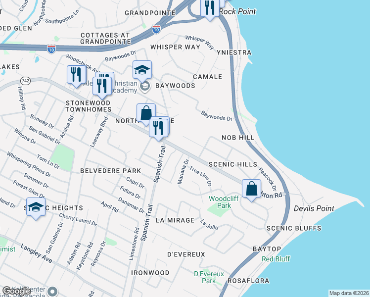 map of restaurants, bars, coffee shops, grocery stores, and more near 4320 Creighton Road in Pensacola