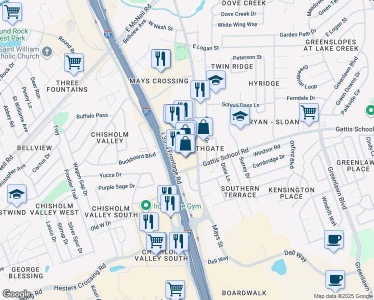 map of restaurants, bars, coffee shops, grocery stores, and more near 1601 South Interstate 35 Frontage Road in Round Rock