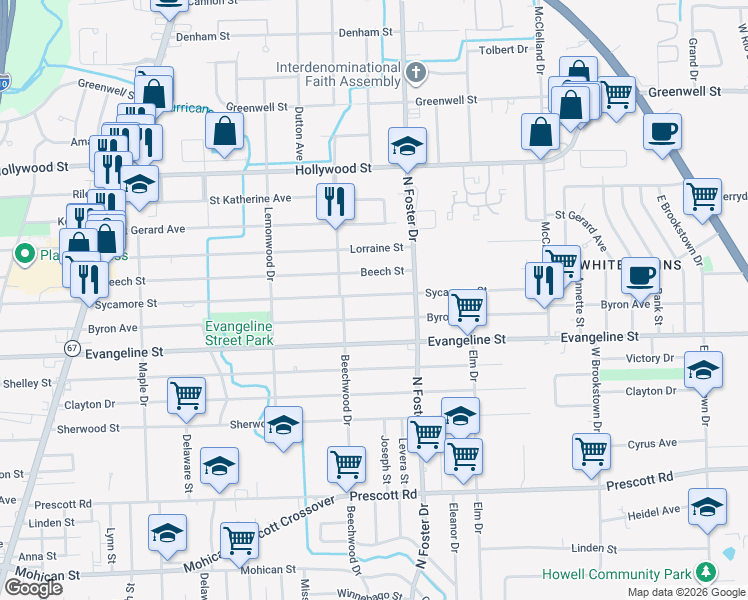 map of restaurants, bars, coffee shops, grocery stores, and more near 4673 Sycamore Street in Baton Rouge