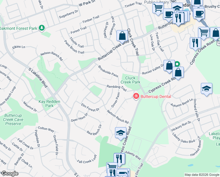 map of restaurants, bars, coffee shops, grocery stores, and more near 1102 Rambling Trail in Cedar Park