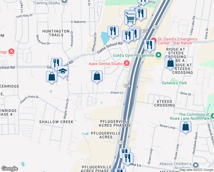 map of restaurants, bars, coffee shops, grocery stores, and more near 4656 Priem Lane in Pflugerville