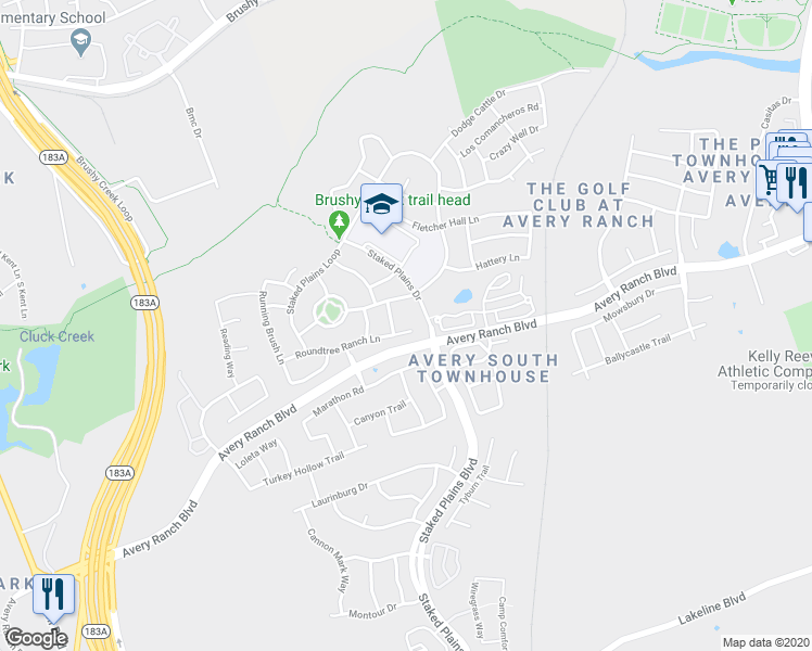 map of restaurants, bars, coffee shops, grocery stores, and more near 14412 Rountree Ranch Lane in Austin