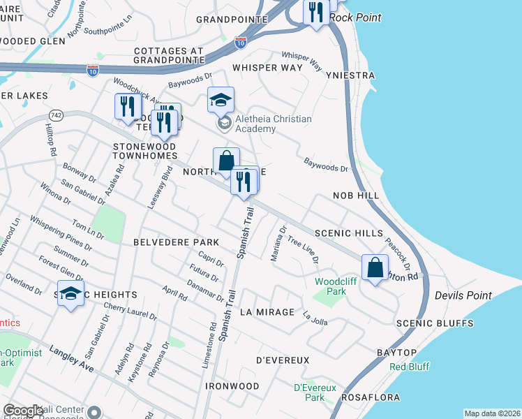 map of restaurants, bars, coffee shops, grocery stores, and more near 4320 Creighton Road in Pensacola