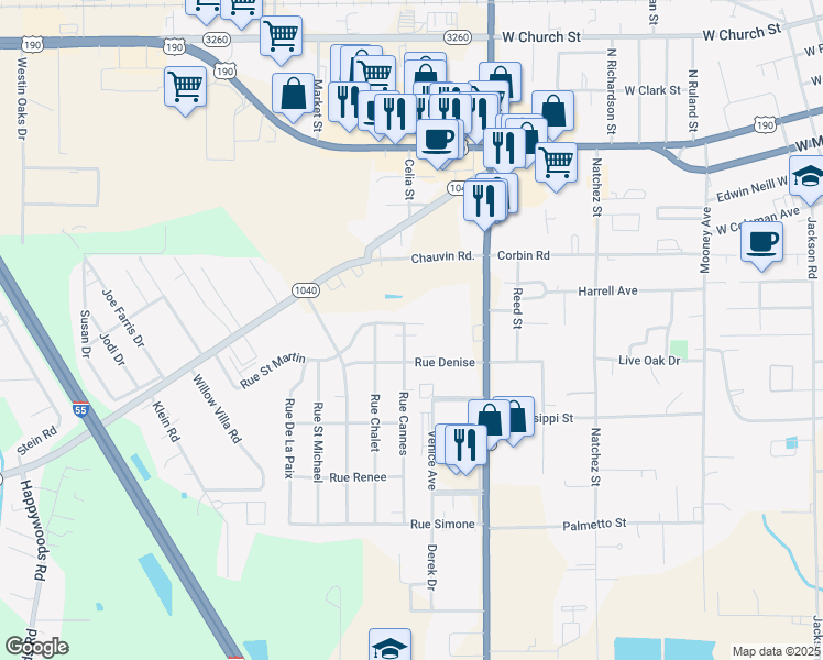 map of restaurants, bars, coffee shops, grocery stores, and more near 2302 Rue Saint Martin in Hammond