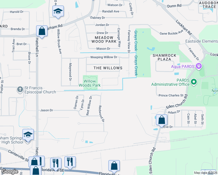 map of restaurants, bars, coffee shops, grocery stores, and more near 1480 Willow Oak Drive in Denham Springs