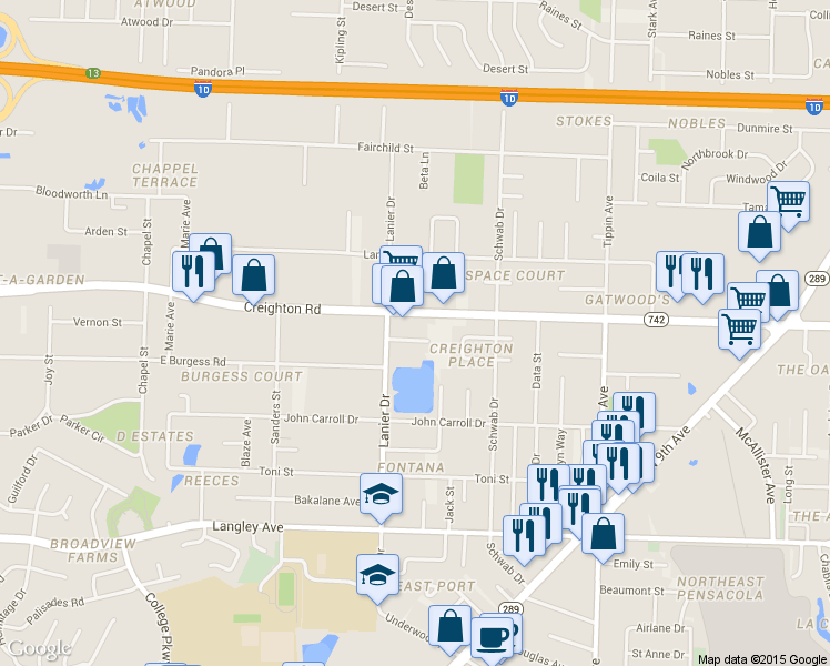 map of restaurants, bars, coffee shops, grocery stores, and more near 1824 San Dollar Circle in Pensacola