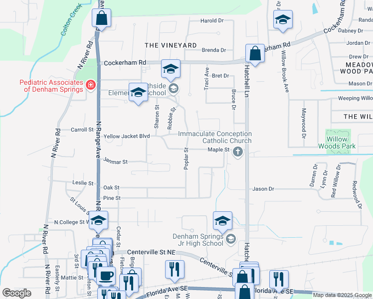 map of restaurants, bars, coffee shops, grocery stores, and more near 798 Poplar Street in Denham Springs