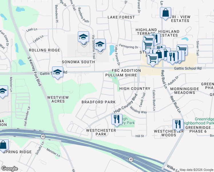 map of restaurants, bars, coffee shops, grocery stores, and more near 2707 Vinson Court in Round Rock
