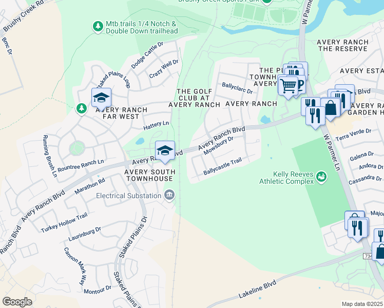 map of restaurants, bars, coffee shops, grocery stores, and more near 10540 Dunham Forest Road in Austin